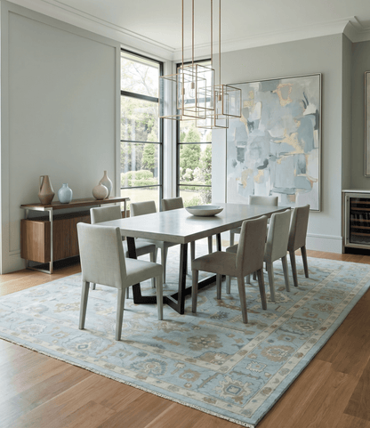 Custom Made Blue, Brown and Ivory Hand knotted Traditional Oushak Wool Rug.