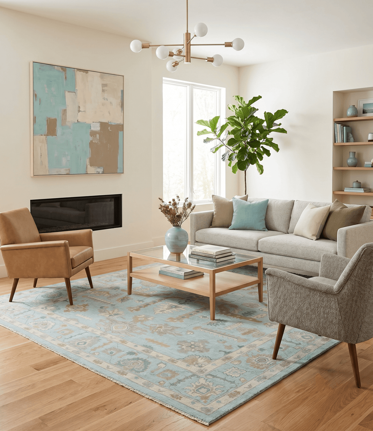 Custom Made Blue, Brown and Ivory Hand knotted Traditional Oushak Wool Rug.