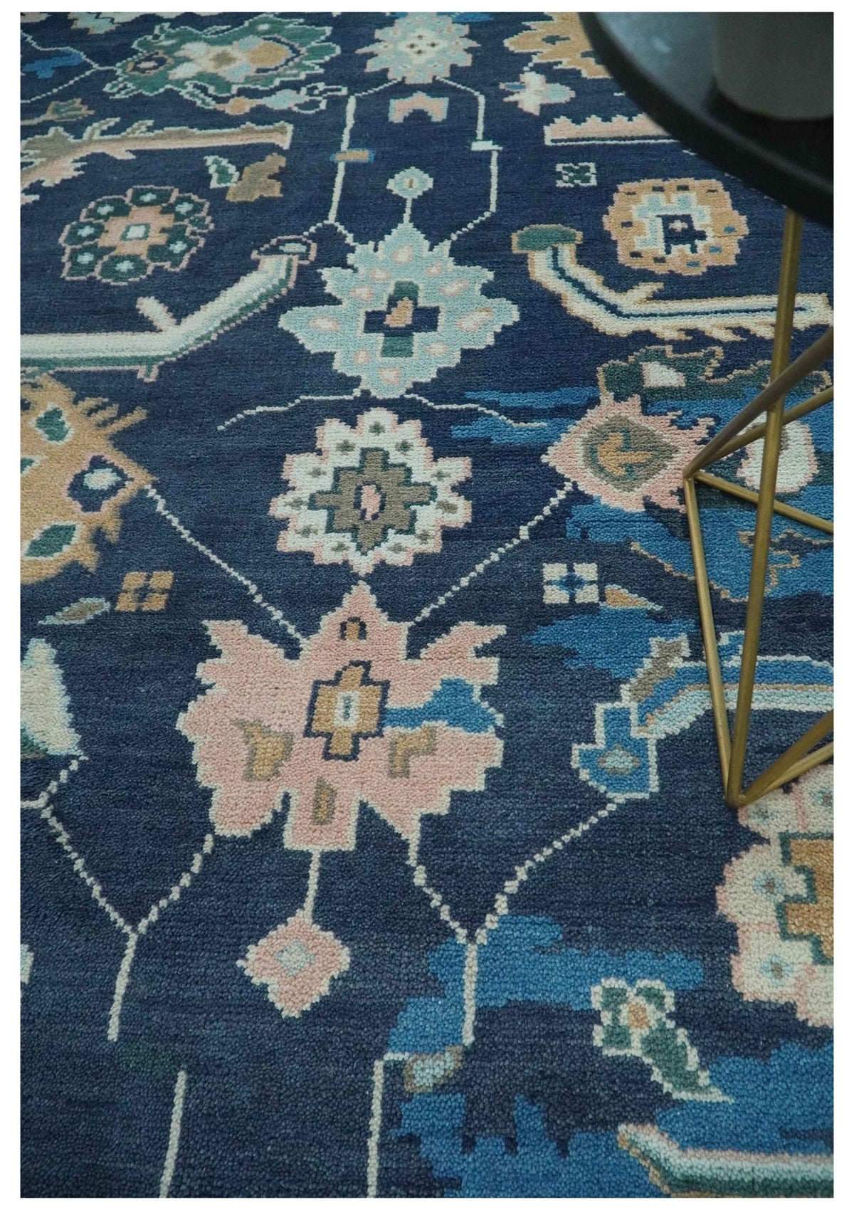 Custom Made Blue, Camel and Ivory Traditional Oriental Oushak wool Area Rug.