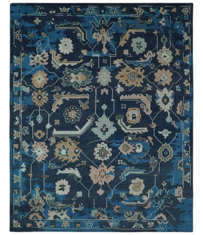 Custom Made Blue, Camel and Ivory Traditional Oriental Oushak wool Area Rug.