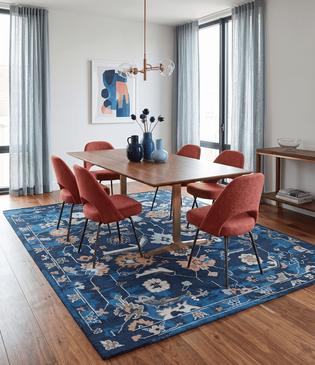 Custom Made Blue, Camel and Ivory Traditional Oriental Oushak wool Area Rug.