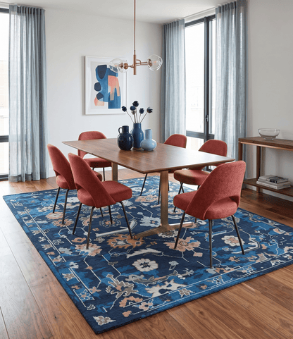Custom Made Blue, Camel and Ivory Traditional Oriental Oushak wool Area Rug.