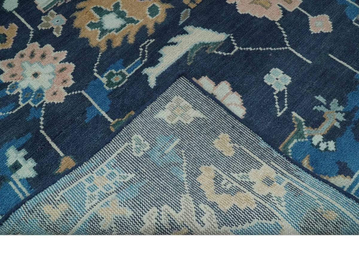Custom Made Blue, Camel and Ivory Traditional Oriental Oushak wool Area Rug.