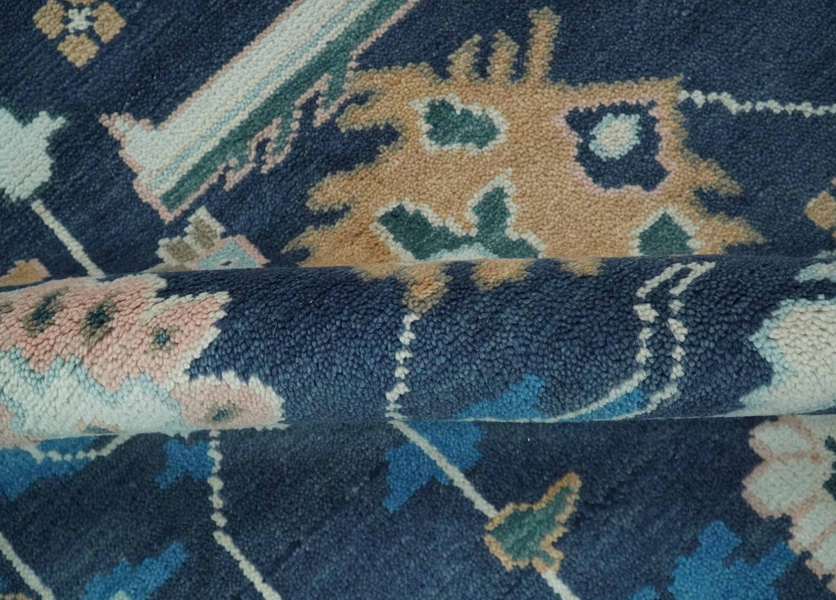 Custom Made Blue, Camel and Ivory Traditional Oriental Oushak wool Area Rug.