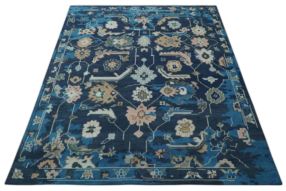 Custom Made Blue, Camel and Ivory Traditional Oriental Oushak wool Area Rug.