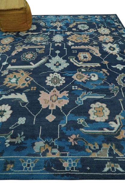 Custom Made Blue, Camel and Ivory Traditional Oriental Oushak wool Area Rug.