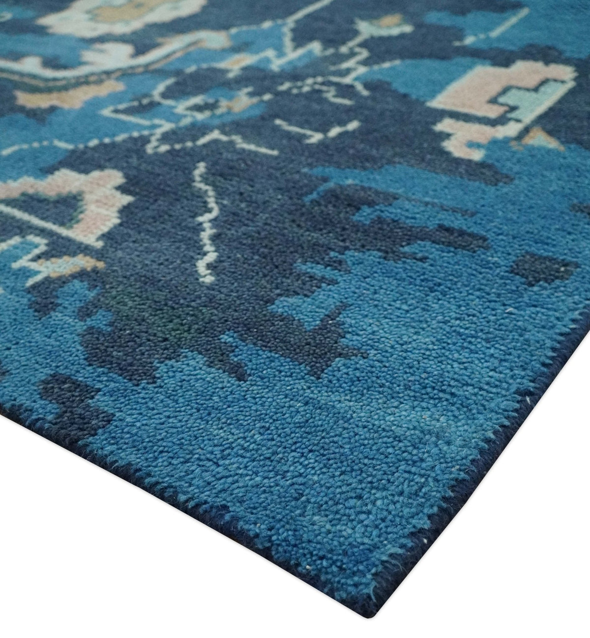 Custom Made Blue, Camel and Ivory Traditional Oriental Oushak wool Area Rug.