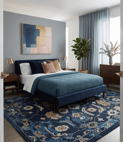 Custom Made Blue, Camel and Ivory Traditional Oriental Oushak wool Area Rug.