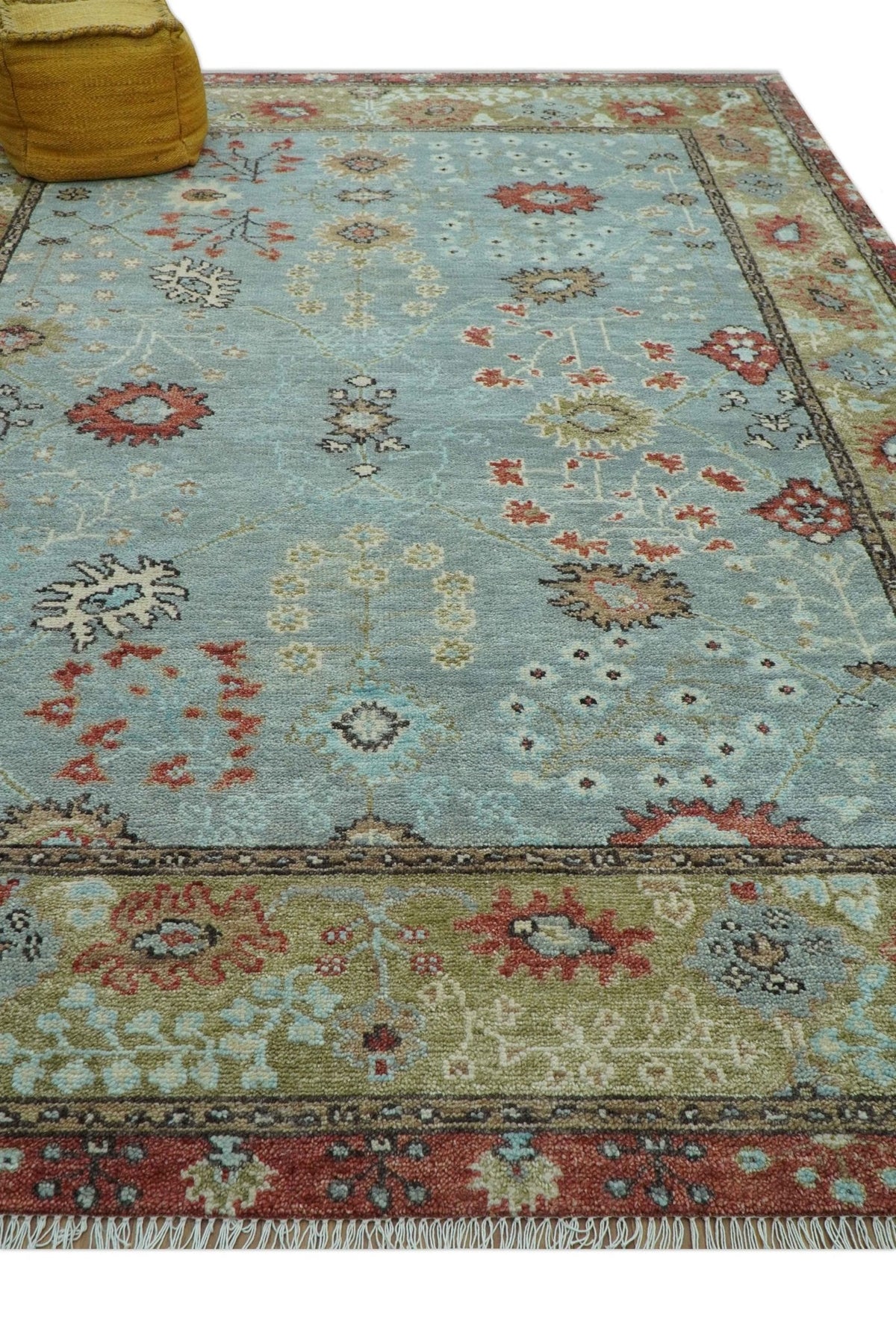 Custom Made Blue Modern Oushak Hand Knotted Wool Rug.