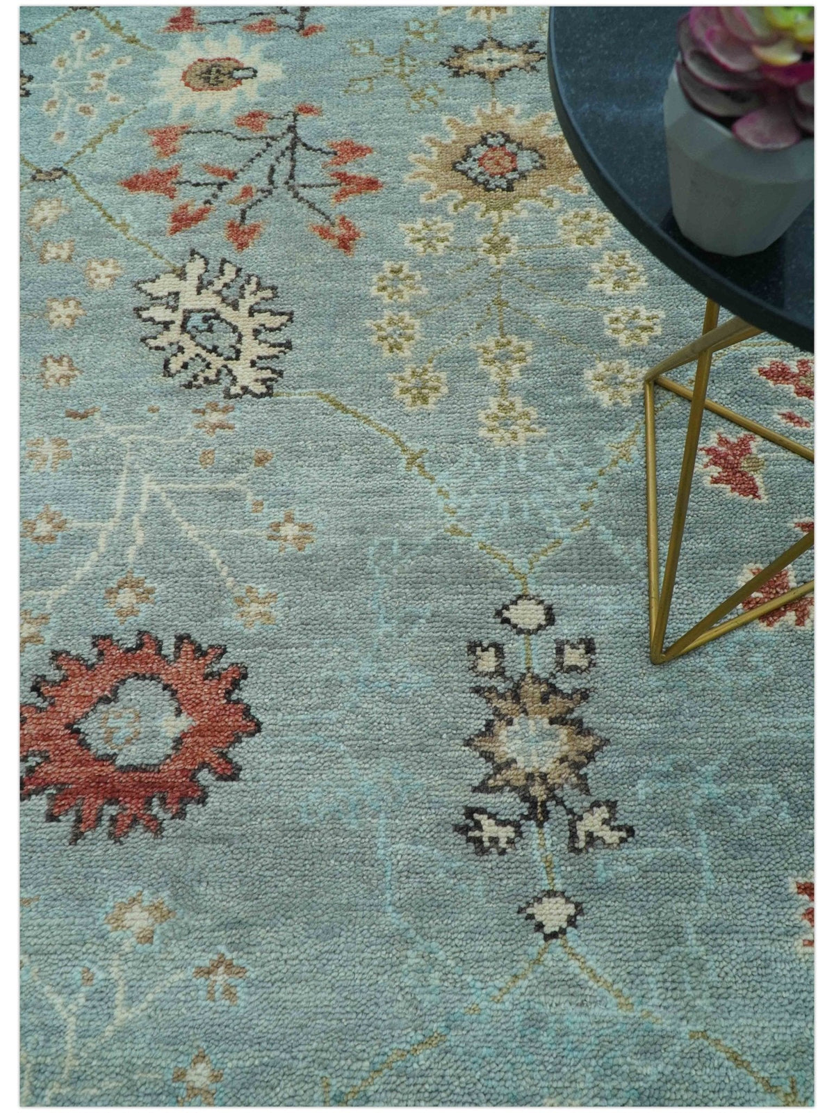 Custom Made Blue Modern Oushak Hand Knotted Wool Rug.