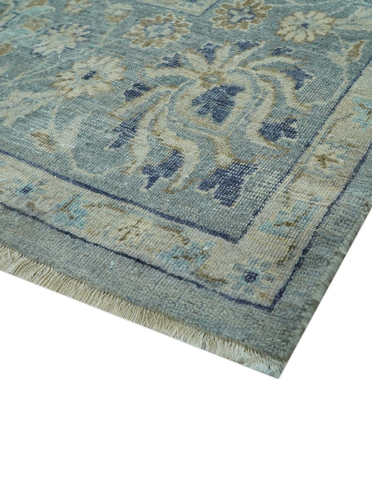 Custom Made Blue Traditional distressed design Hand knotted Wool Area Rug.