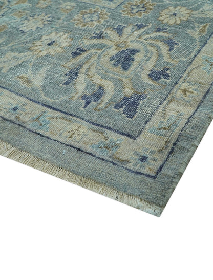 Custom Made Blue Traditional distressed design Hand knotted Wool Area Rug.