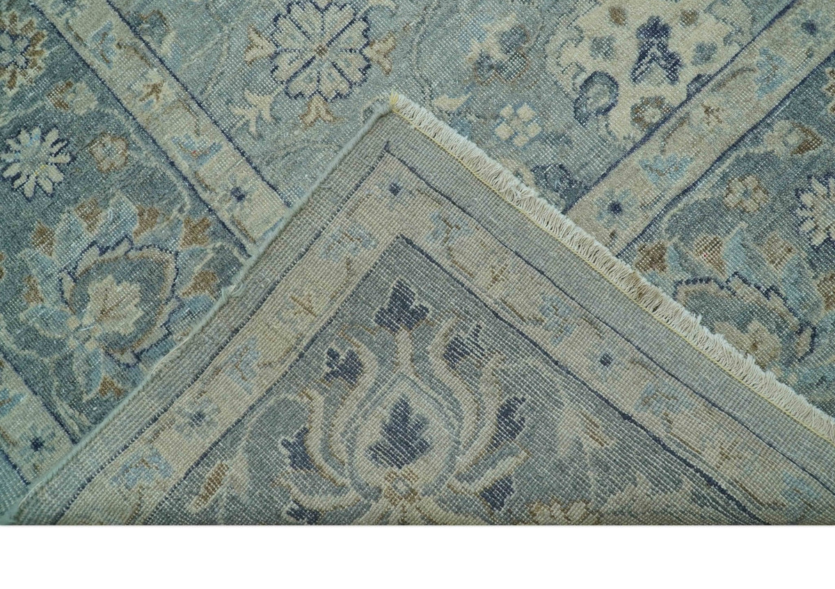 Custom Made Blue Traditional distressed design Hand knotted Wool Area Rug.