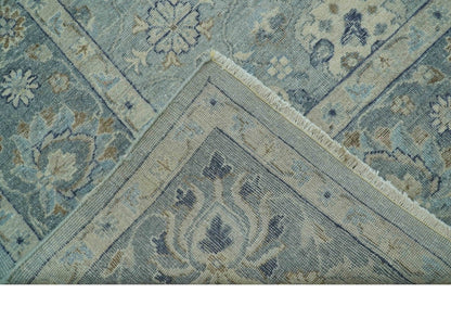 Custom Made Blue Traditional distressed design Hand knotted Wool Area Rug.