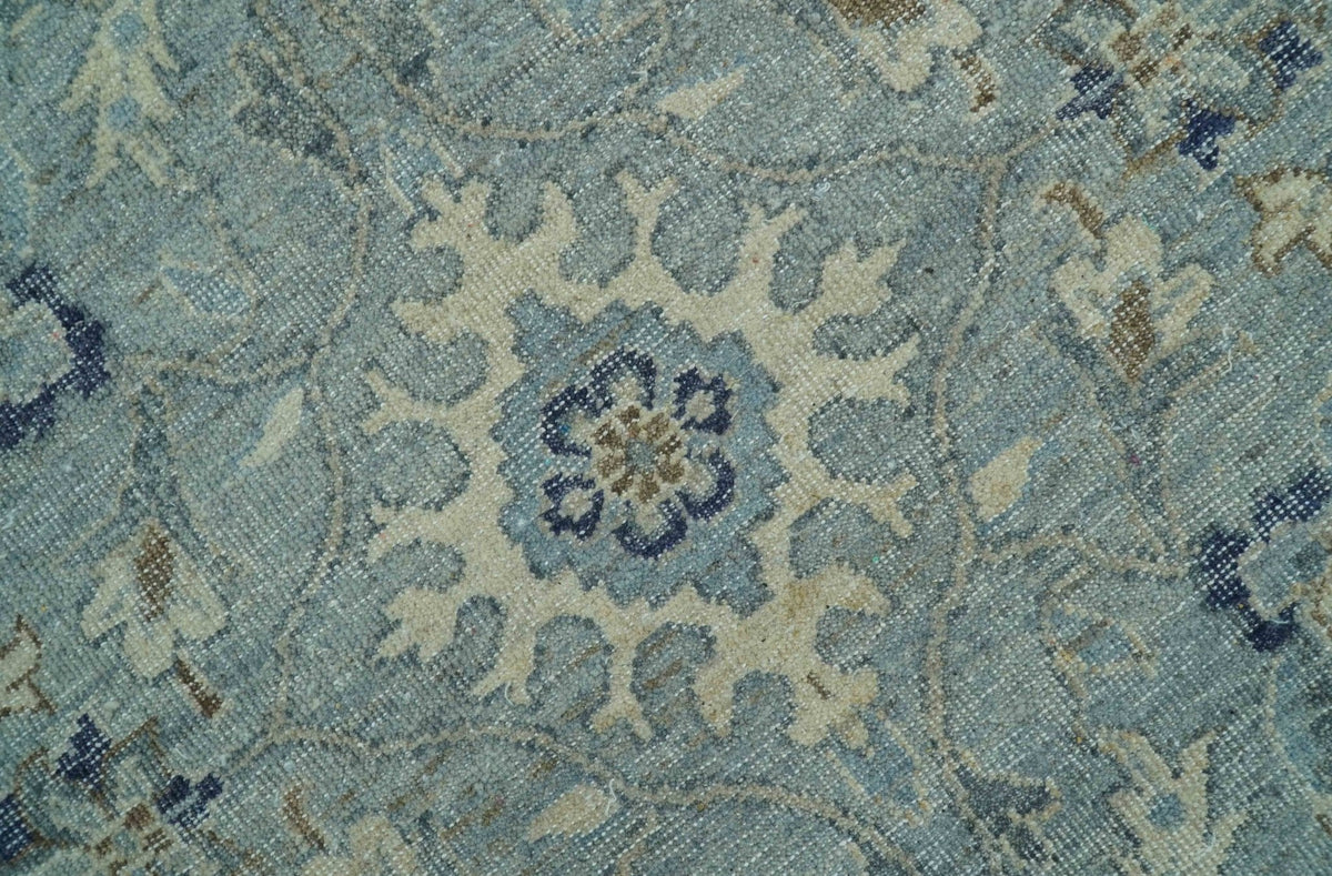 Custom Made Blue Traditional distressed design Hand knotted Wool Area Rug.