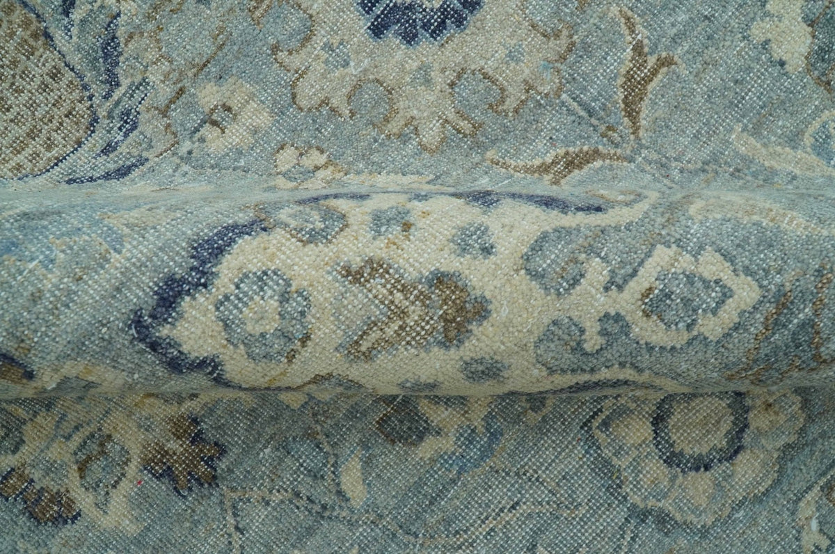 Custom Made Blue Traditional distressed design Hand knotted Wool Area Rug.