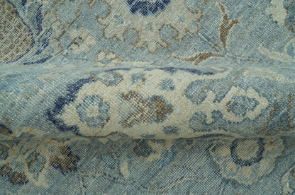 Custom Made Blue Traditional distressed design Hand knotted Wool Area Rug.