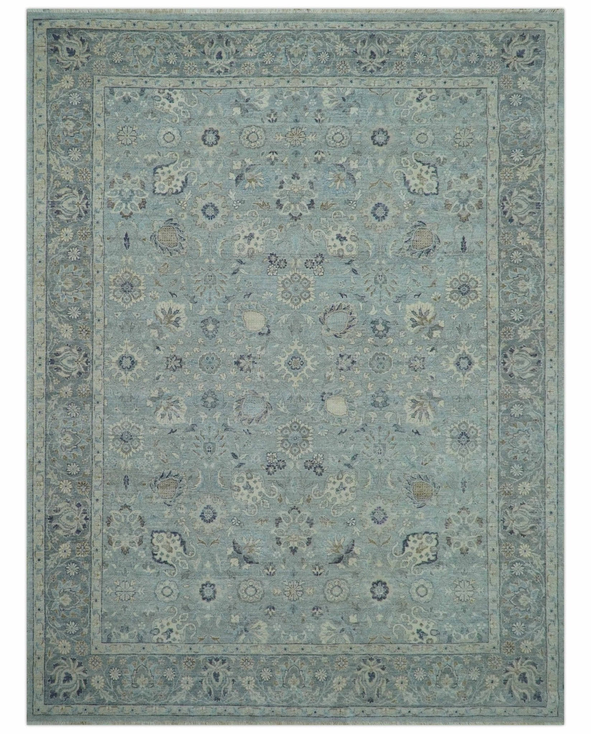 Custom Made Blue Traditional distressed design Hand knotted Wool Area Rug.