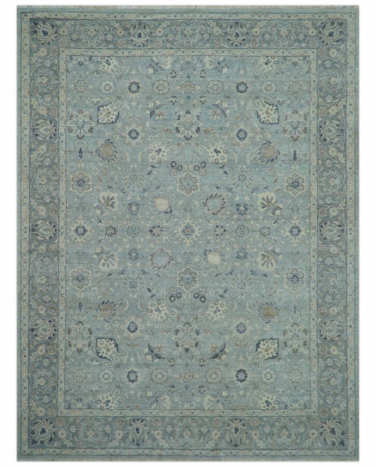 Custom Made Blue Traditional distressed design Hand knotted Wool Area Rug.