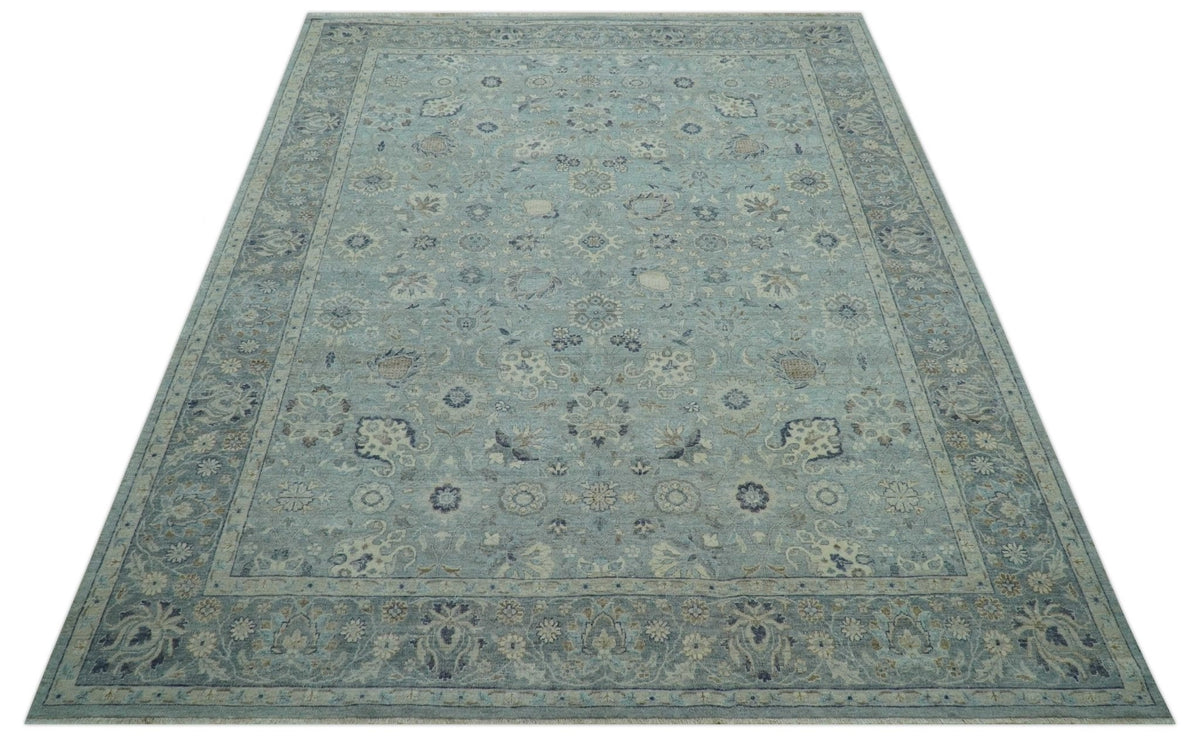 Custom Made Blue Traditional distressed design Hand knotted Wool Area Rug.