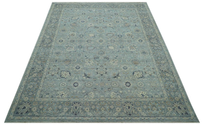 Custom Made Blue Traditional distressed design Hand knotted Wool Area Rug.