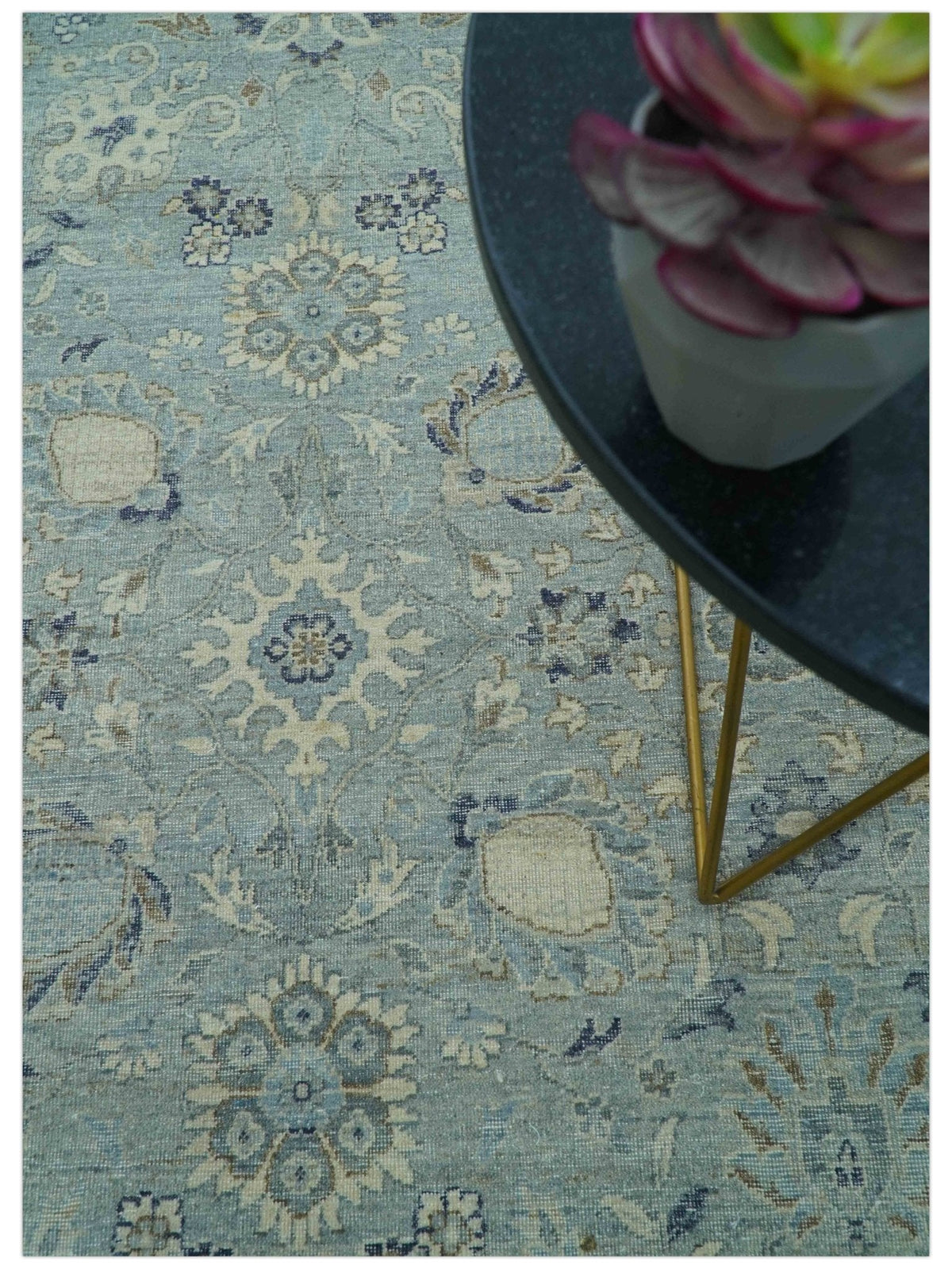 Custom Made Blue Traditional distressed design Hand knotted Wool Area Rug.