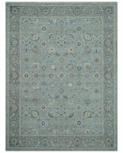 Custom Made Blue Traditional distressed design Hand knotted Wool Area Rug.