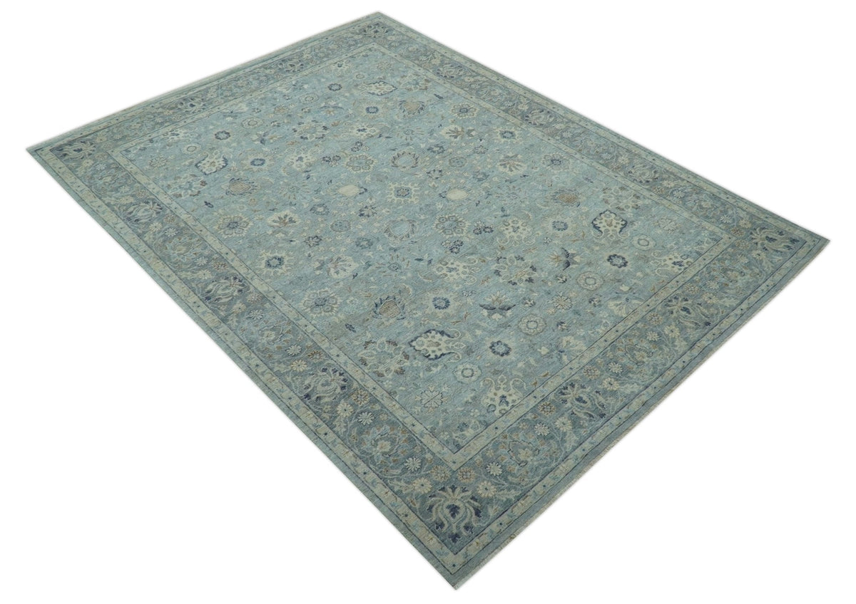 Custom Made Blue Traditional distressed design Hand knotted Wool Area Rug.