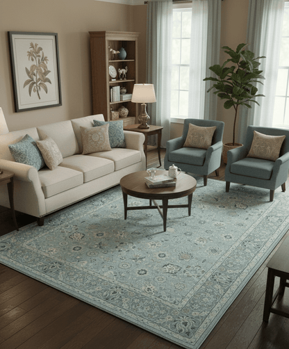 Custom Made Blue Traditional distressed design Hand knotted Wool Area Rug.
