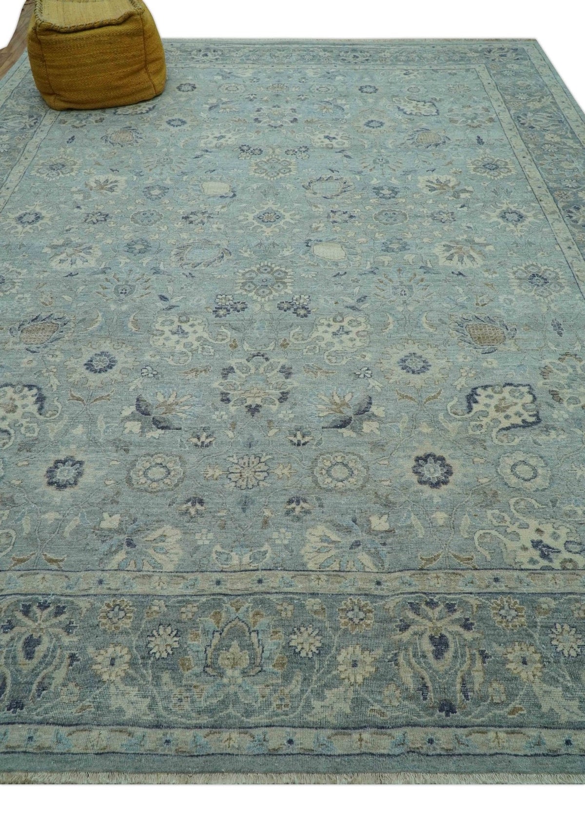 Custom Made Blue Traditional distressed design Hand knotted Wool Area Rug.