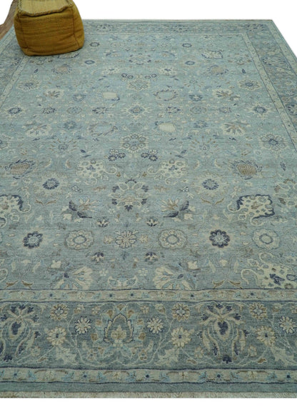 Custom Made Blue Traditional distressed design Hand knotted Wool Area Rug.