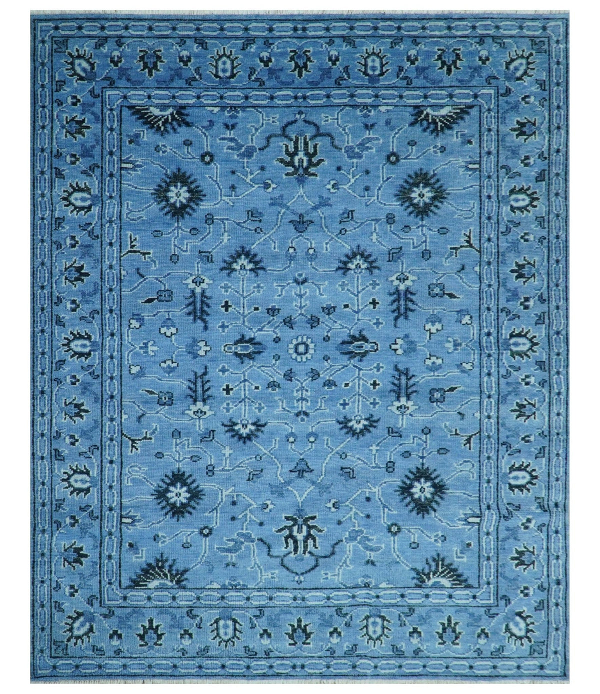 Custom Made Blue Traditional Persian Design Hand Knotted Wool Rug.