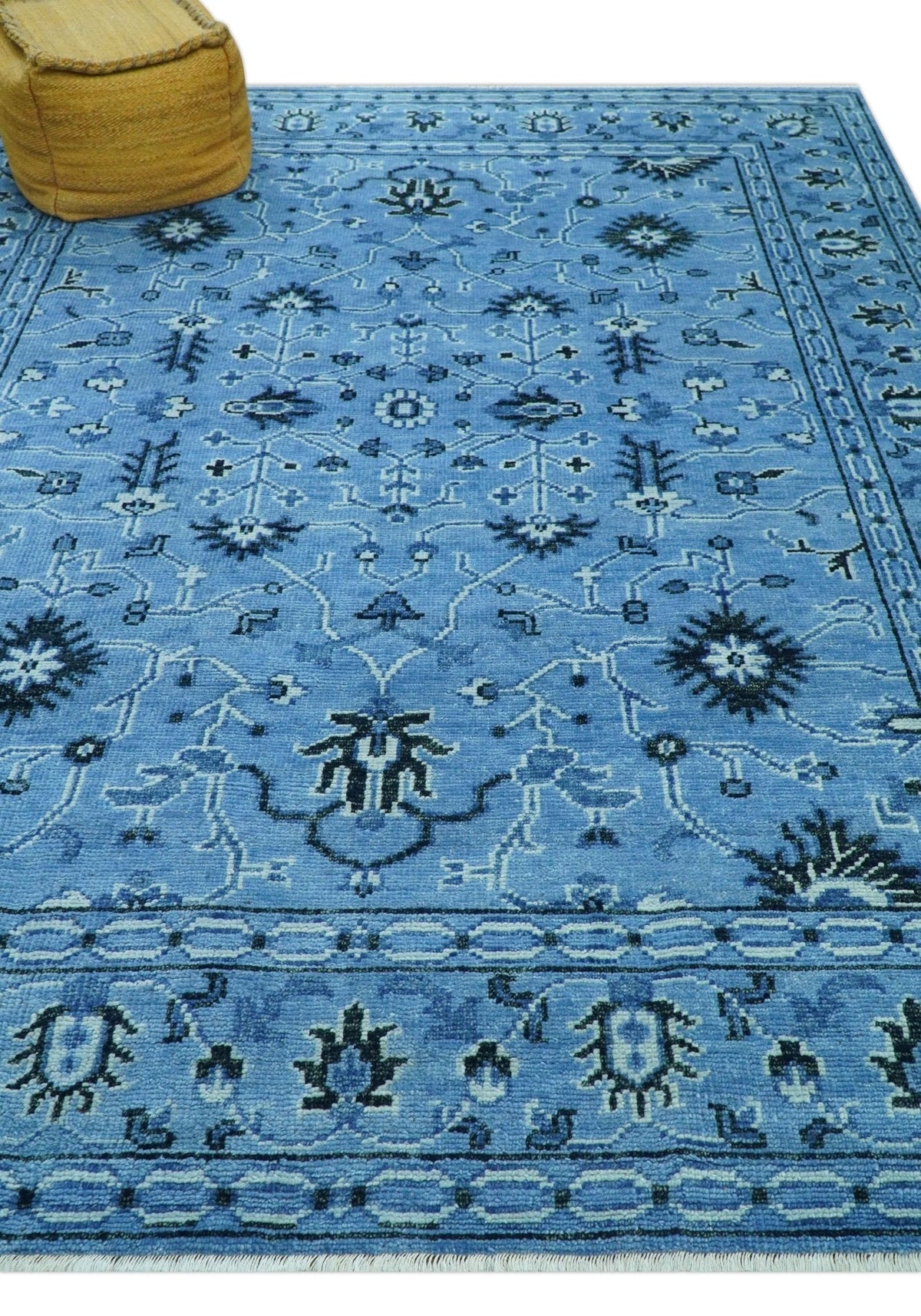 Custom Made Blue Traditional Persian Design Hand Knotted Wool Rug.