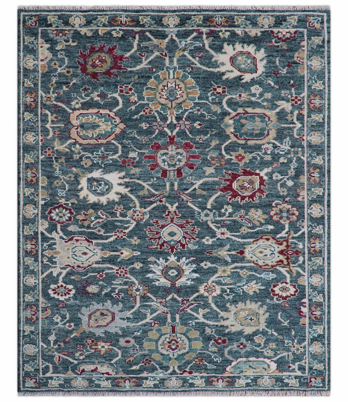 Custom Made Blue Traditional Turkish Design Hand Knotted Wool Rug.