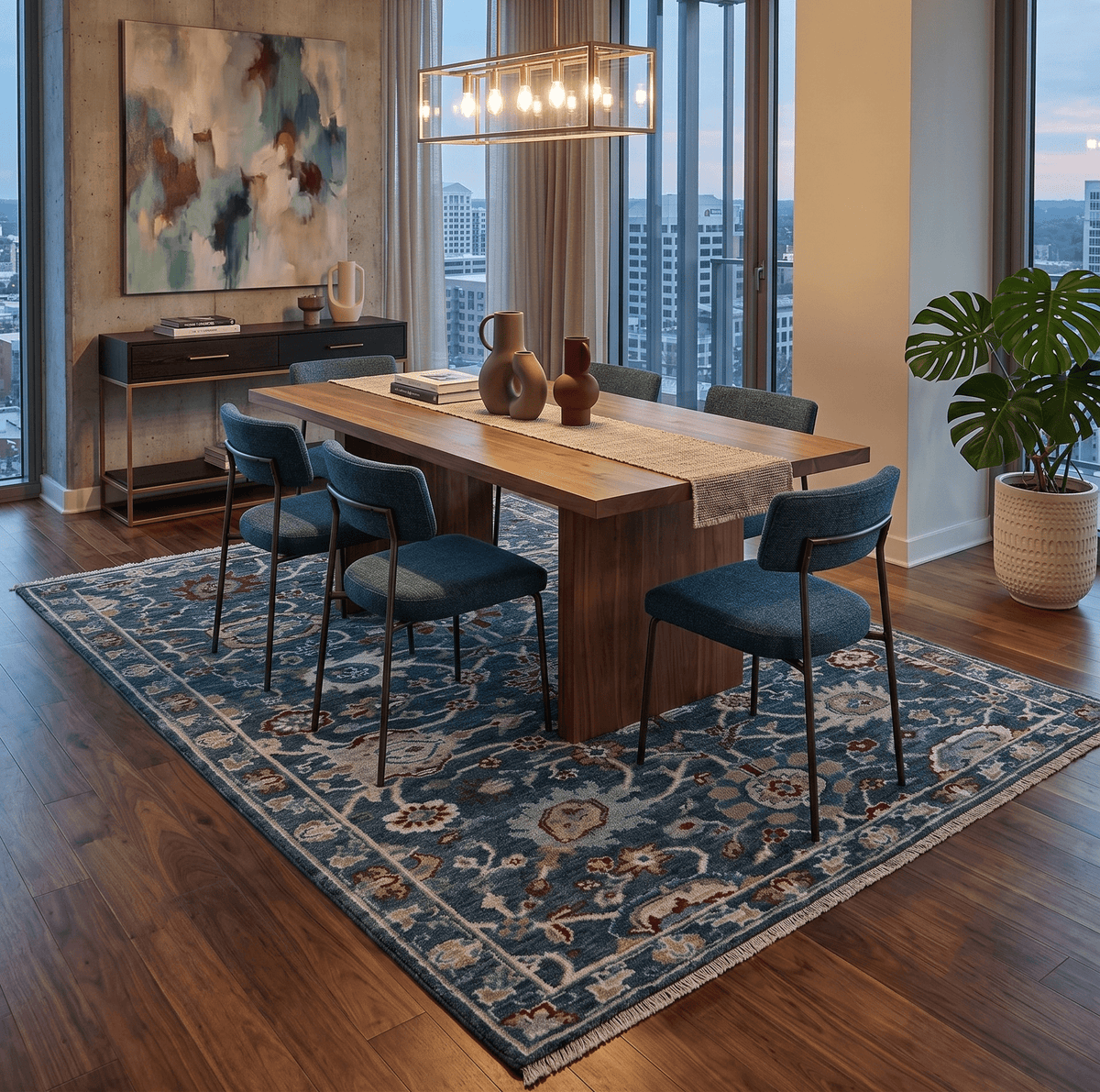 Custom Made Blue Traditional Turkish Design Hand Knotted Wool Rug.