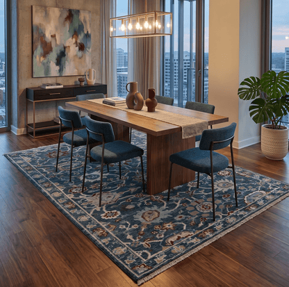 Custom Made Blue Traditional Turkish Design Hand Knotted Wool Rug.