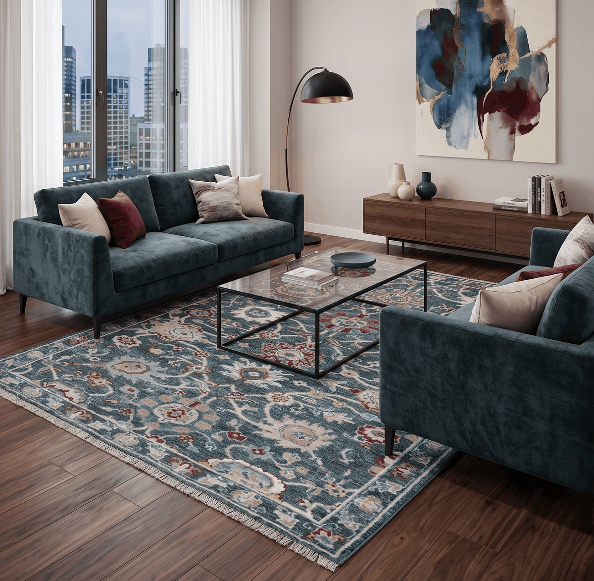 Custom Made Blue Traditional Turkish Design Hand Knotted Wool Rug.