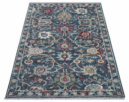 Custom Made Blue Traditional Turkish Design Hand Knotted Wool Rug.