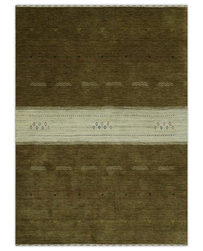 Custom Made Brown and Ivory Geometrical Stripes Design wool Area Rug.