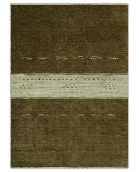 Custom Made Brown and Ivory Geometrical Stripes Design wool Area Rug.