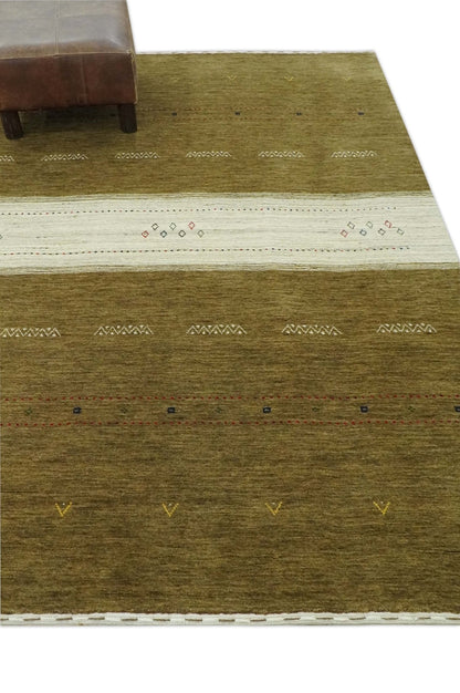 Custom Made Brown and Ivory Geometrical Stripes Design wool Area Rug.