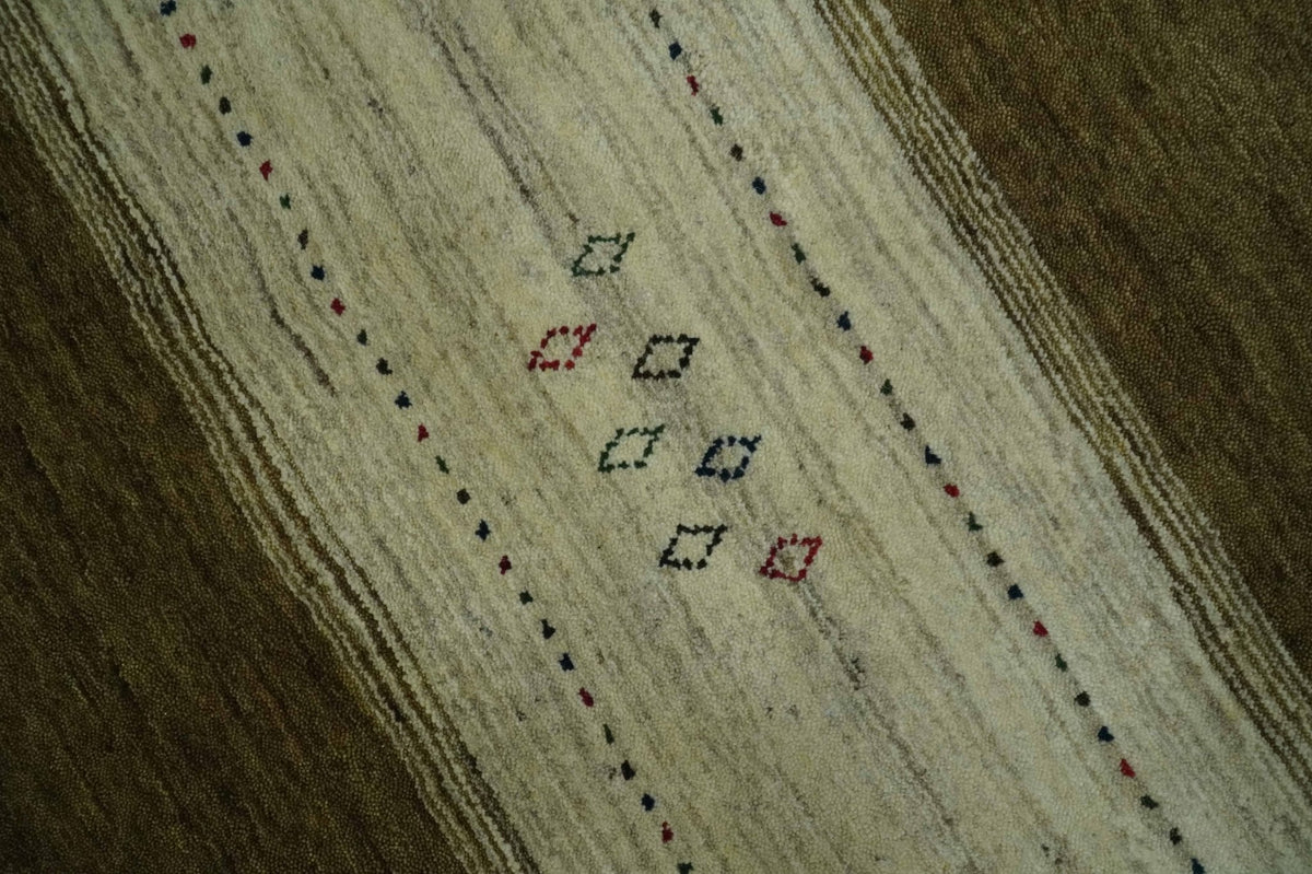 Custom Made Brown and Ivory Geometrical Stripes Design wool Area Rug.