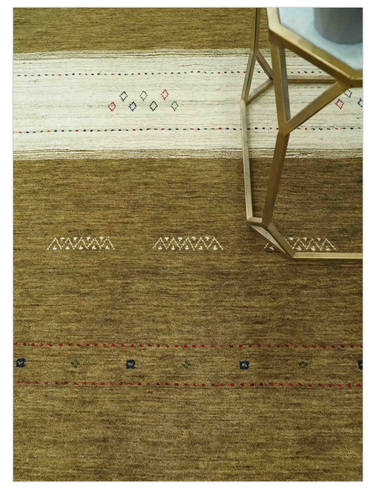 Custom Made Brown and Ivory Geometrical Stripes Design wool Area Rug.