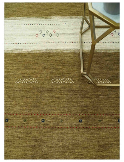 Custom Made Brown and Ivory Geometrical Stripes Design wool Area Rug.