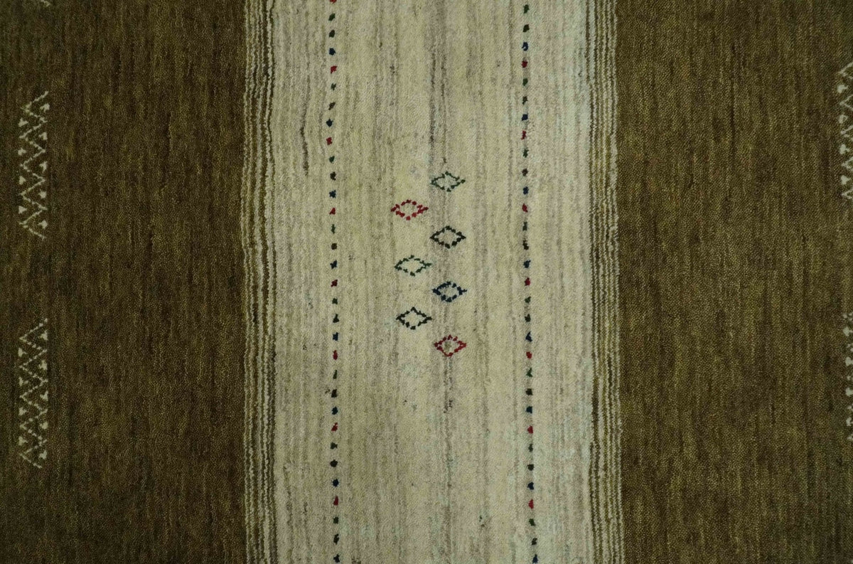 Custom Made Brown and Ivory Geometrical Stripes Design wool Area Rug.