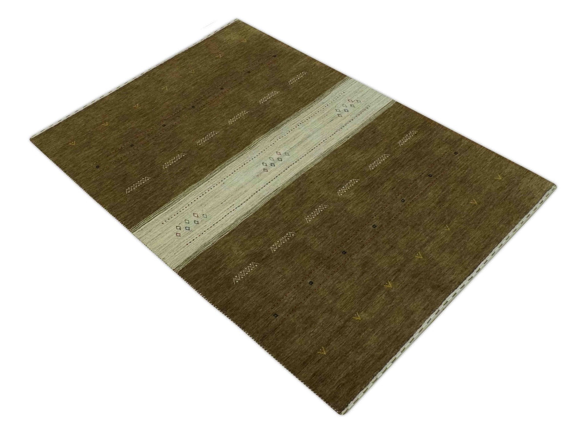 Custom Made Brown and Ivory Geometrical Stripes Design wool Area Rug.