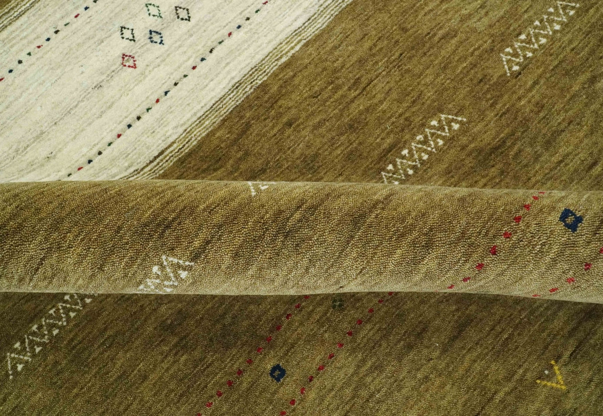 Custom Made Brown and Ivory Geometrical Stripes Design wool Area Rug.
