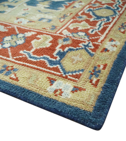 Custom Made Brown, Blue, Ivory and Olive Hand knotted Traditional Heriz Medallion Wool Area Rug.