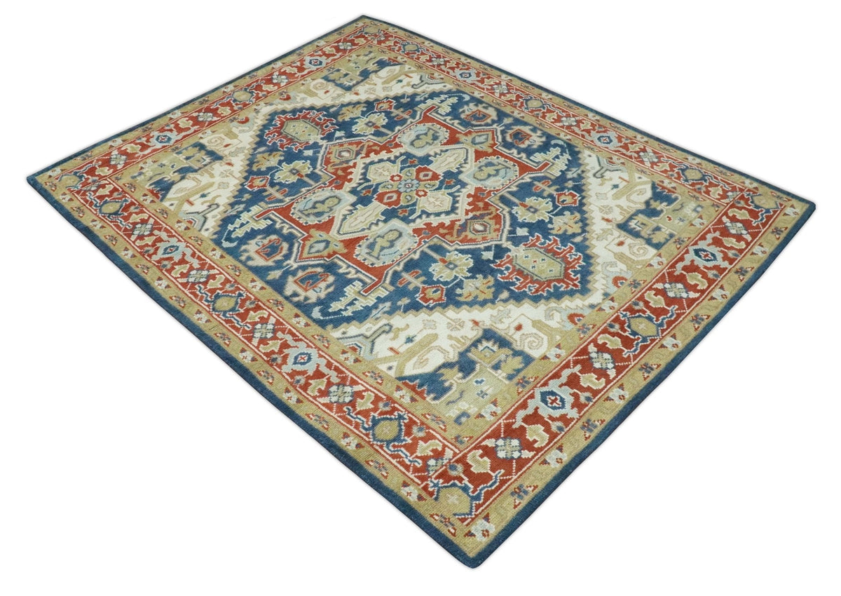 Custom Made Brown, Blue, Ivory and Olive Hand knotted Traditional Heriz Medallion Wool Area Rug.