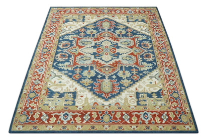 Custom Made Brown, Blue, Ivory and Olive Hand knotted Traditional Heriz Medallion Wool Area Rug.